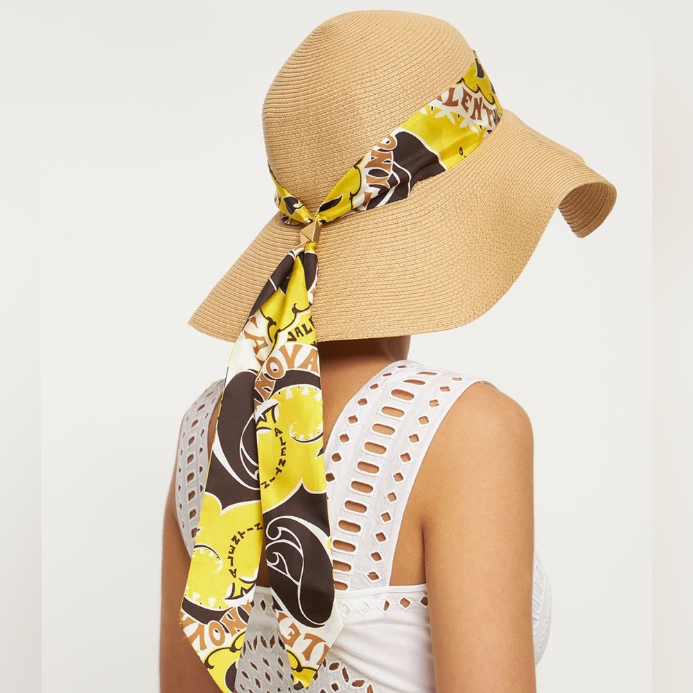 Valentino silk scarf Roman Stud large brim hat NWT